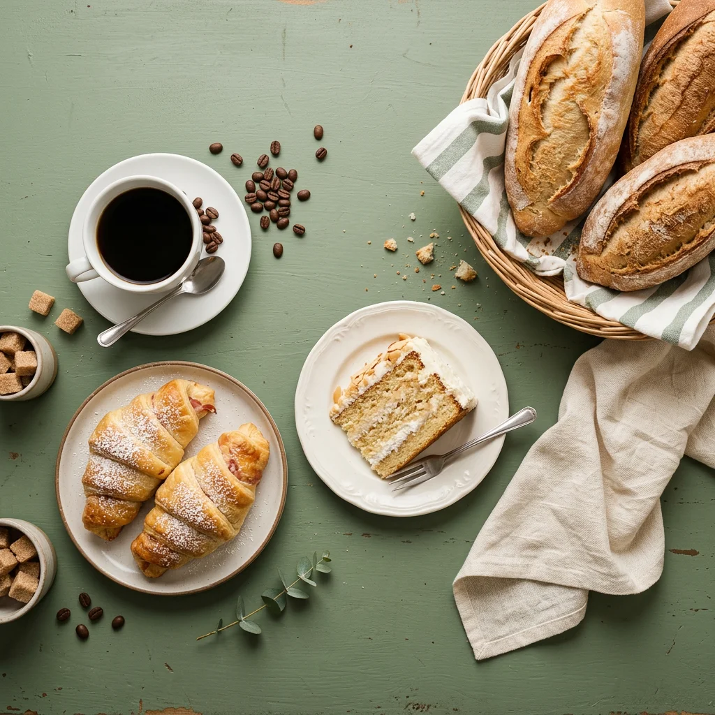 Mesa con café y panes